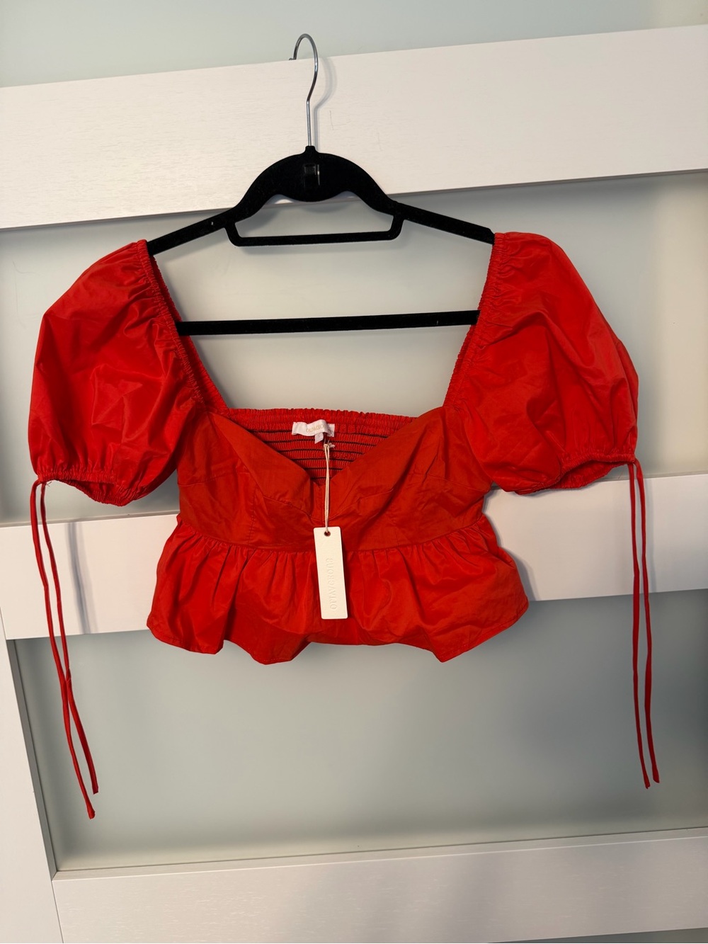 Olivaceous Red Puff-Sleeve Peplum Crop Top